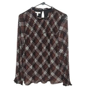 Sheer Plaid‎ Mesh Blouse M High Neck Long Sleeve Ruffle Dark Academia Romantic